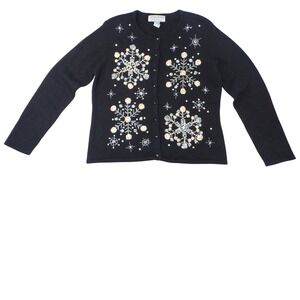 Vintage Heirloom Collectibles Sweater Cardigan Snowflake Beaded Sequin Black‎ M